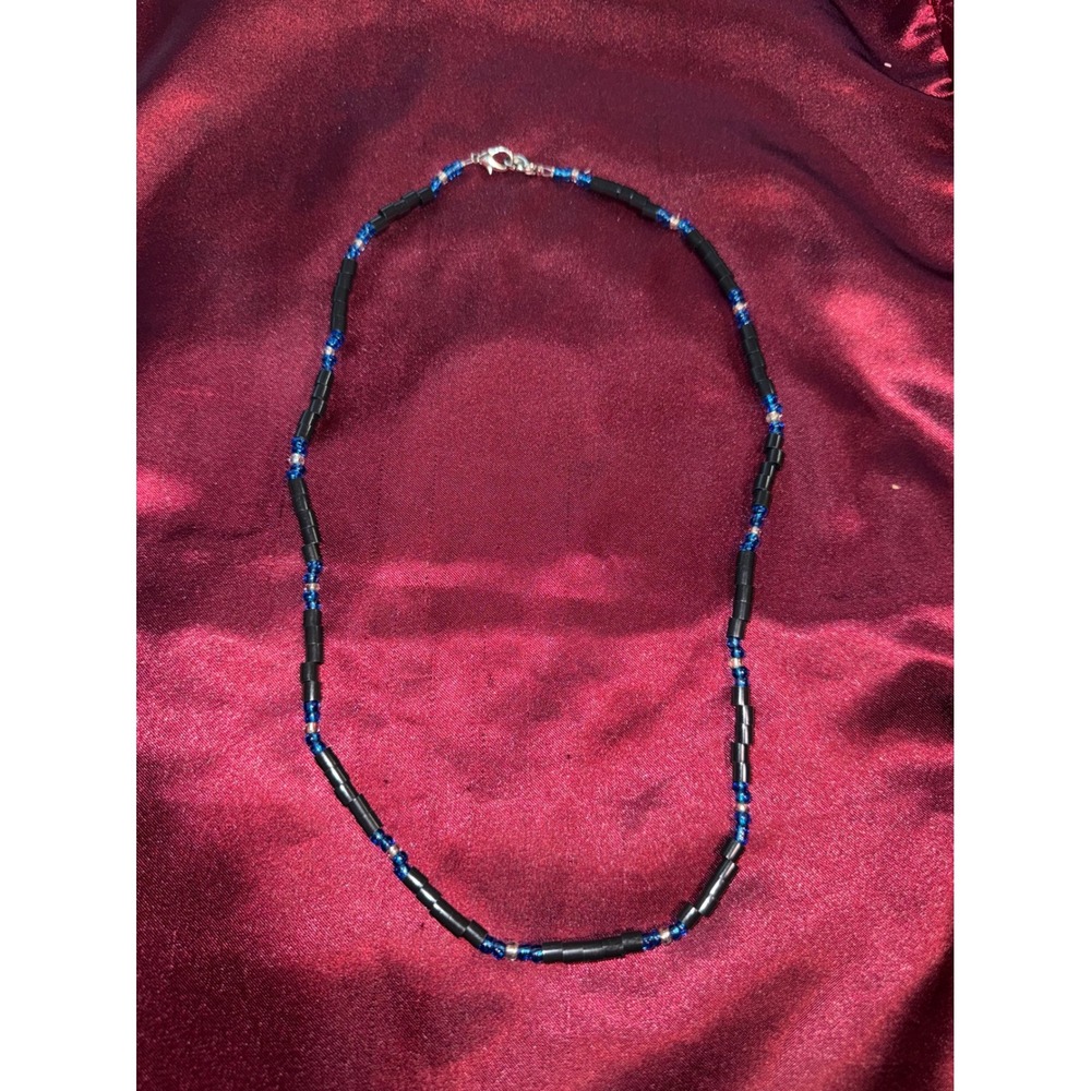 Handmade Beaded Necklace Black Tube Beads‎ Blue Seed Beads Silver Lobster Clasp